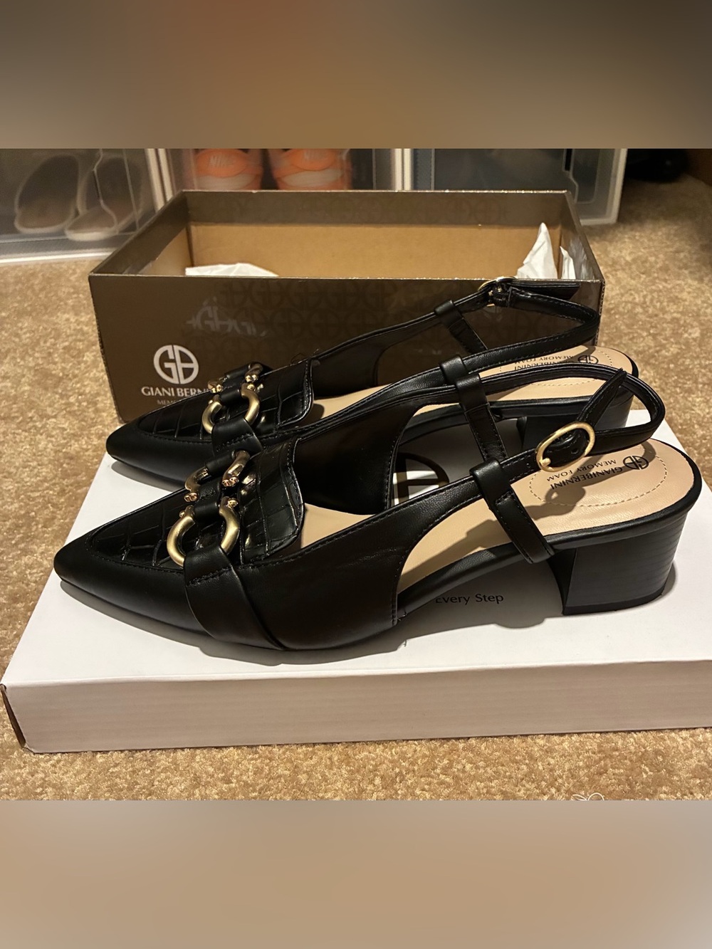 Giani Bernini Black Faux-Croc Pointed Slingback Mules with Gold Hardware